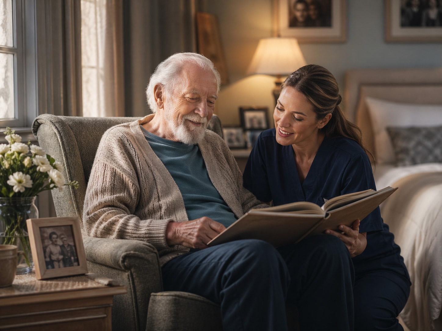 Senior man looking through a family photo album with a caregiver