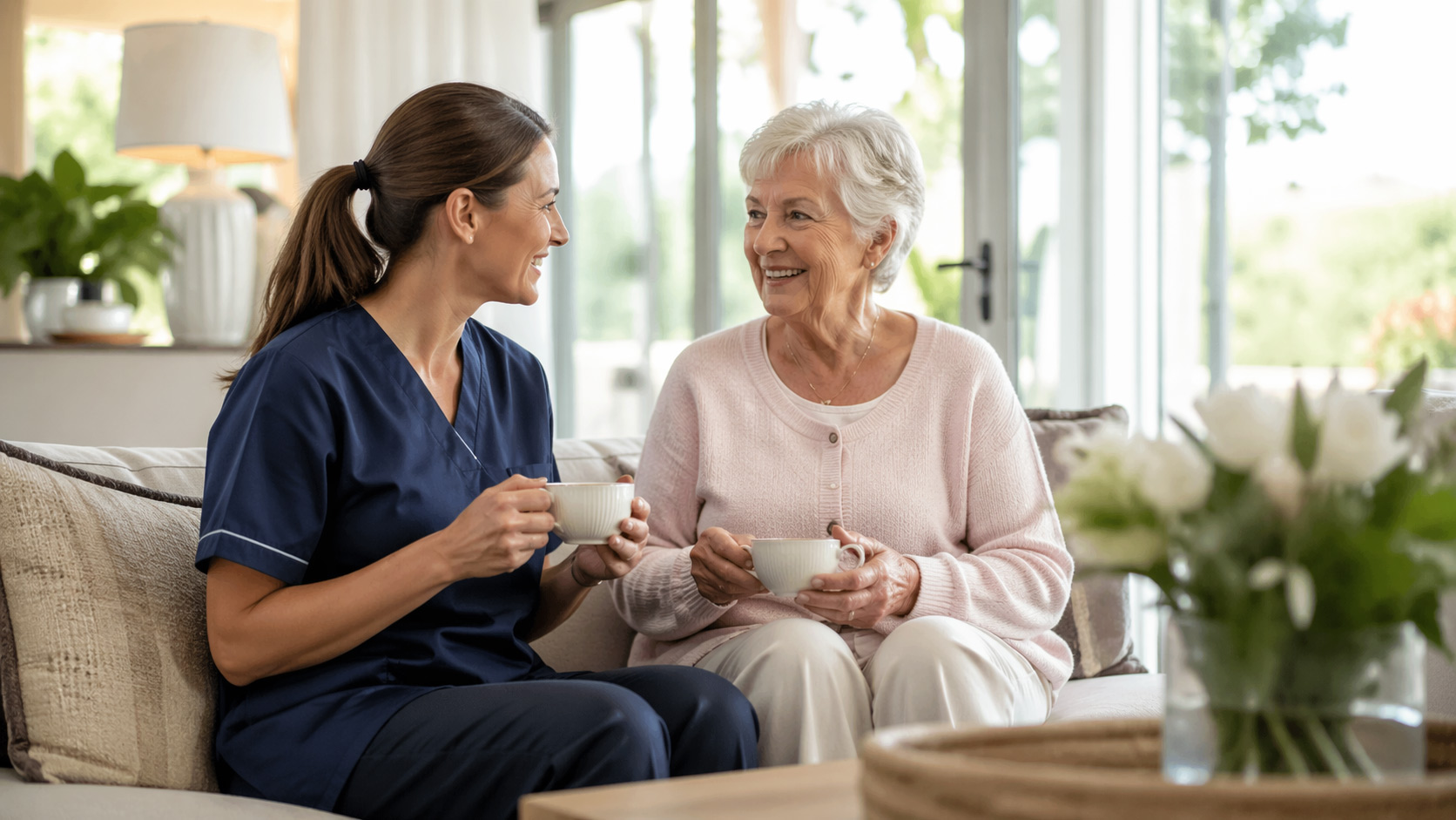 Caregiver and senior sharing tea and conversation