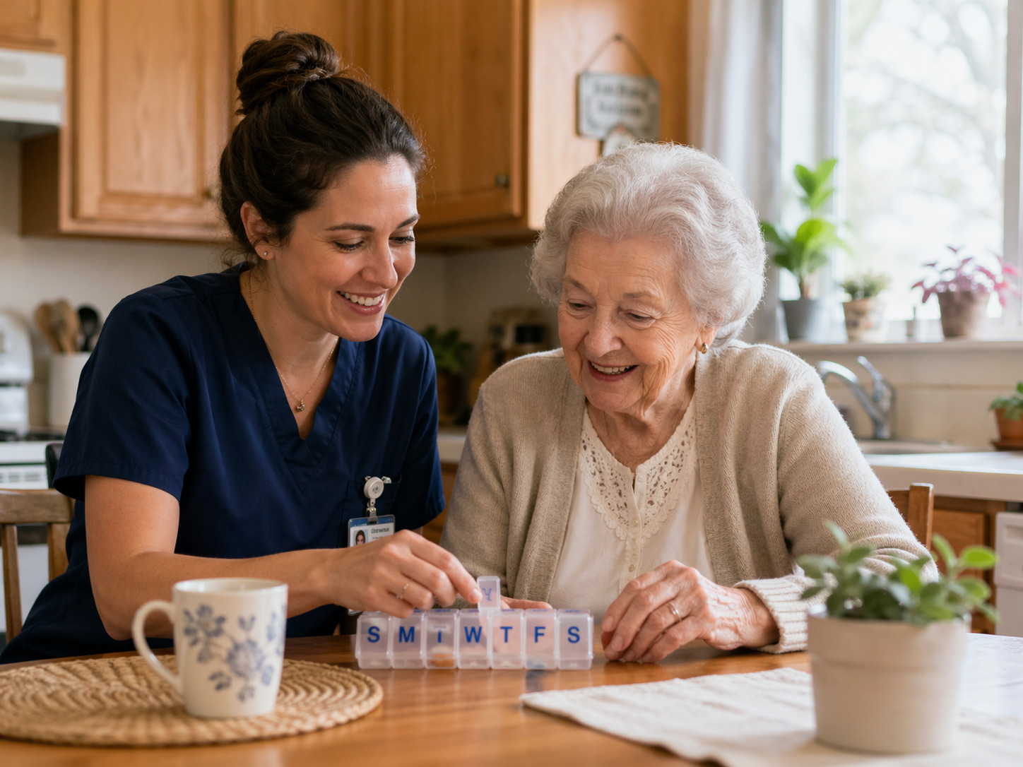 Pill organizer and medication reminder notes in a senior's kitchen