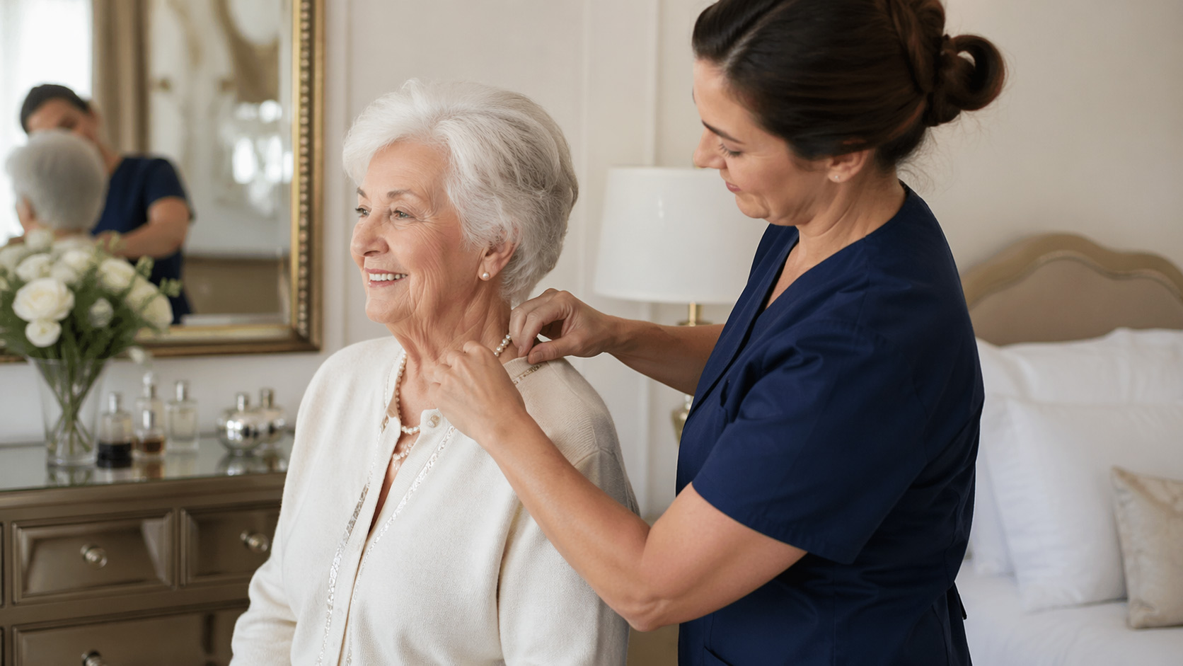 Caregiver helping a senior with grooming and jewelry in the bedroom